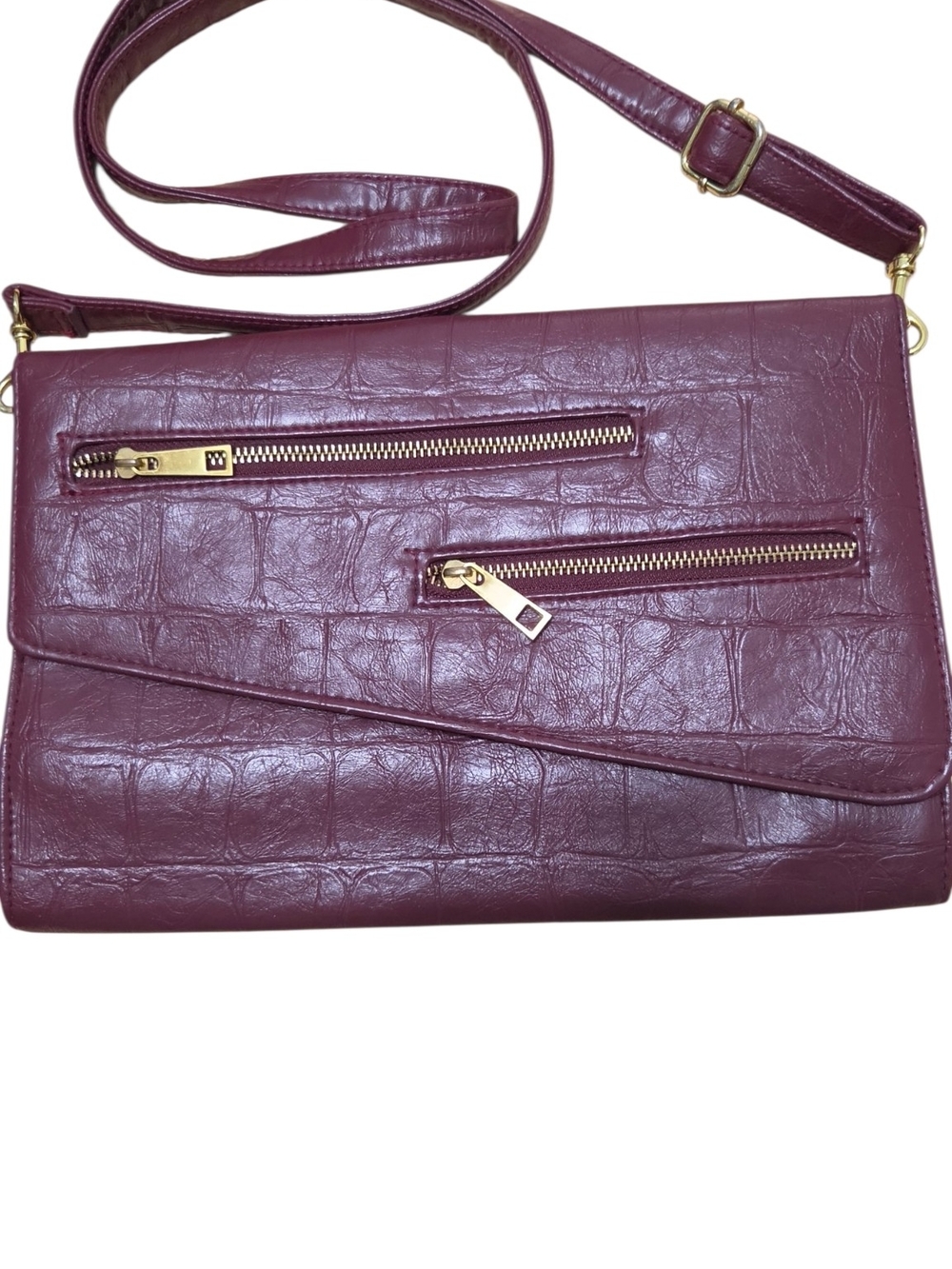 Croc-Embossed Burgundy Crossbody Bag with Gold Zippers